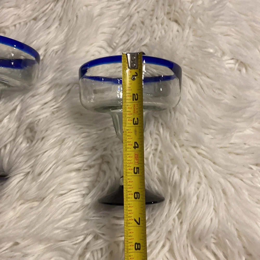 Set Of Two Margarita Glasses Hand Blown Mexican Glass Barware Blue Rim And Base
